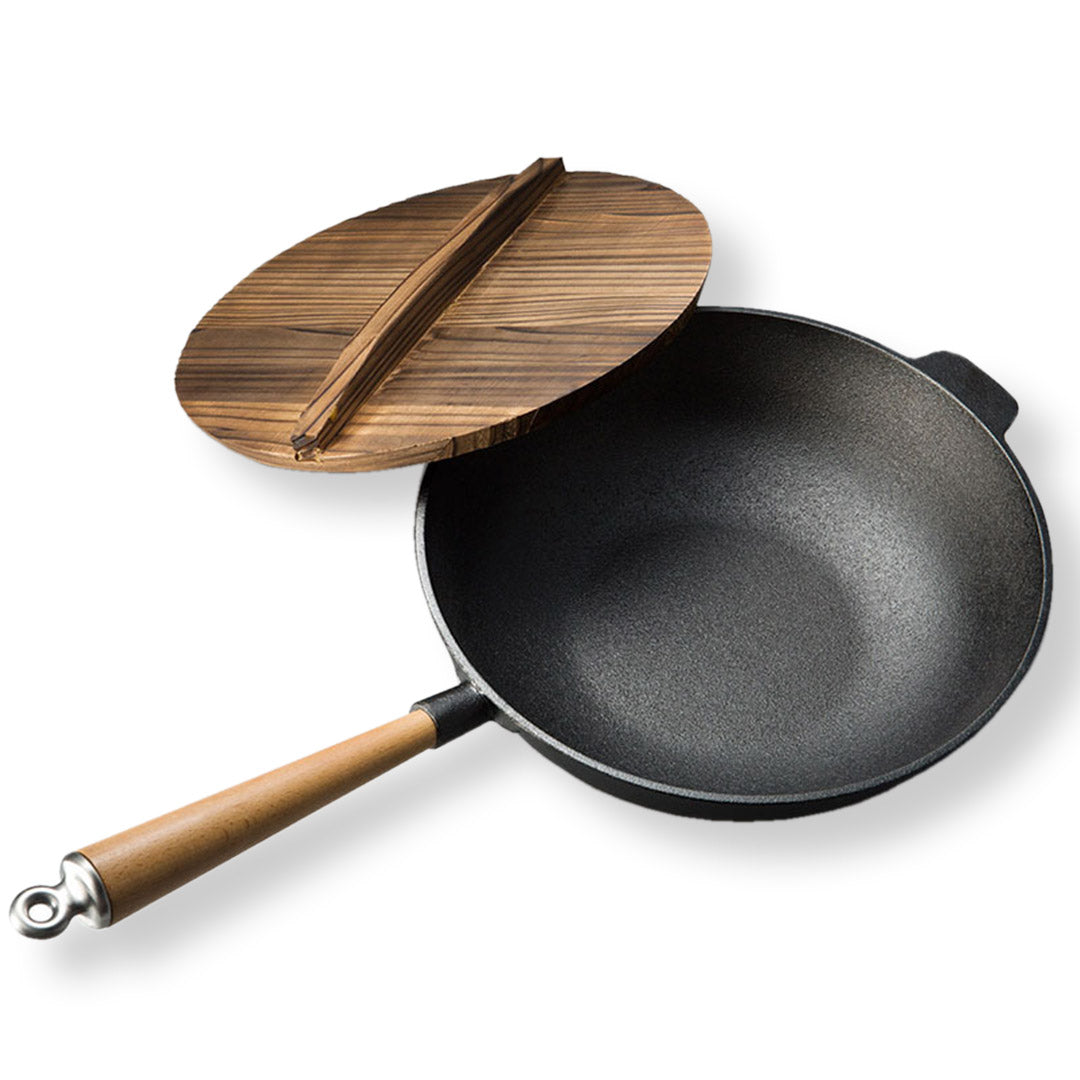 Soga 31cm Commercial Cast Iron Wok Fry Pan Fry Pan With Wooden Lid