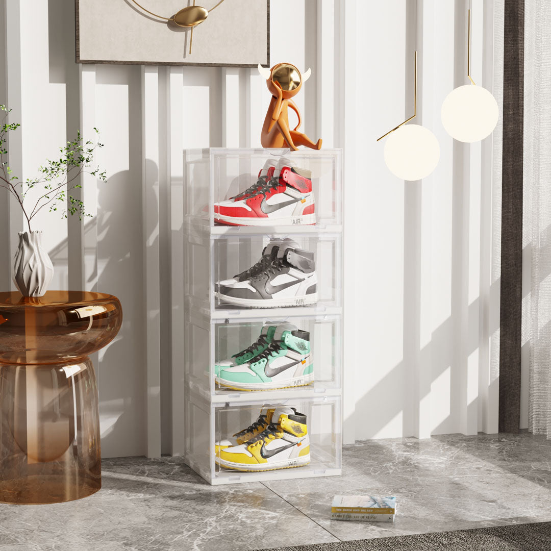 4 Tier Transparent Portable Shoe Organiser Sneaker Footwear Folding Plastic Bin Stackable Storage Box with Magnetic Door