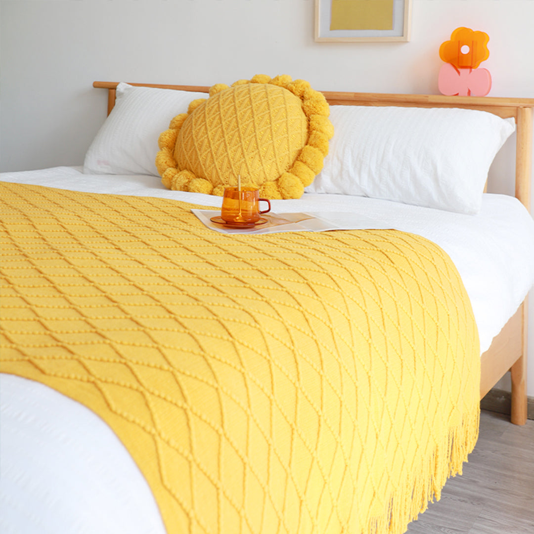 2X Yellow Diamond Pattern Knitted Throw Blanket Warm Cozy Woven Cover Couch Bed Sofa Home Decor with Tassels