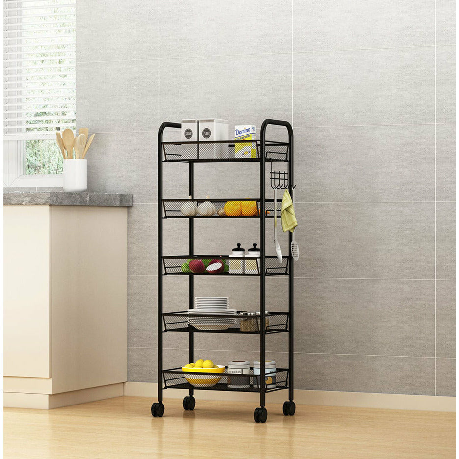 Soga 5 Tier Steel Black Bee Mesh Kitchen Cart Multi Functional Shelves Portable Storage Organizer With Wheels