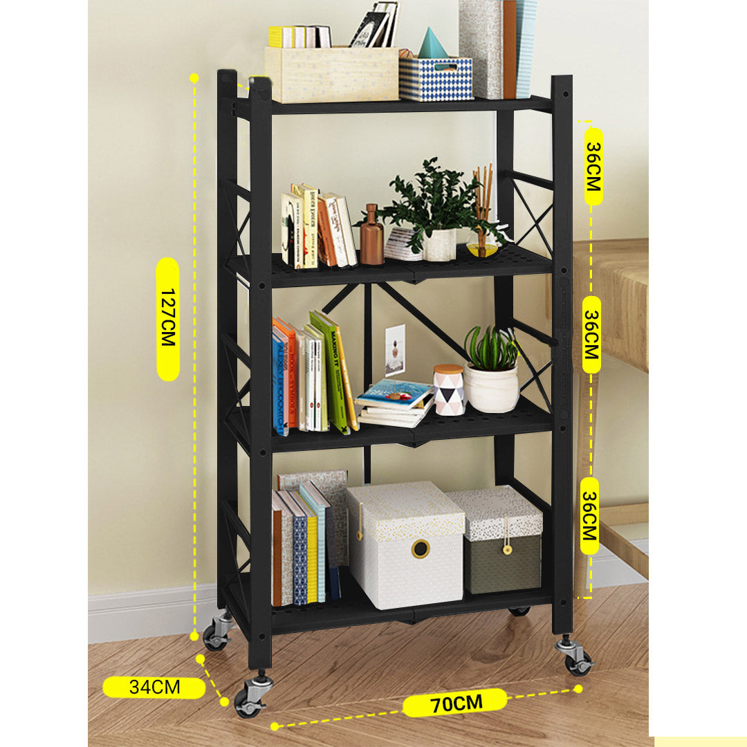 Soga 2 X 4 Tier Steel Black Foldable Display Stand Multi Functional Shelves Portable Storage Organizer With Wheels