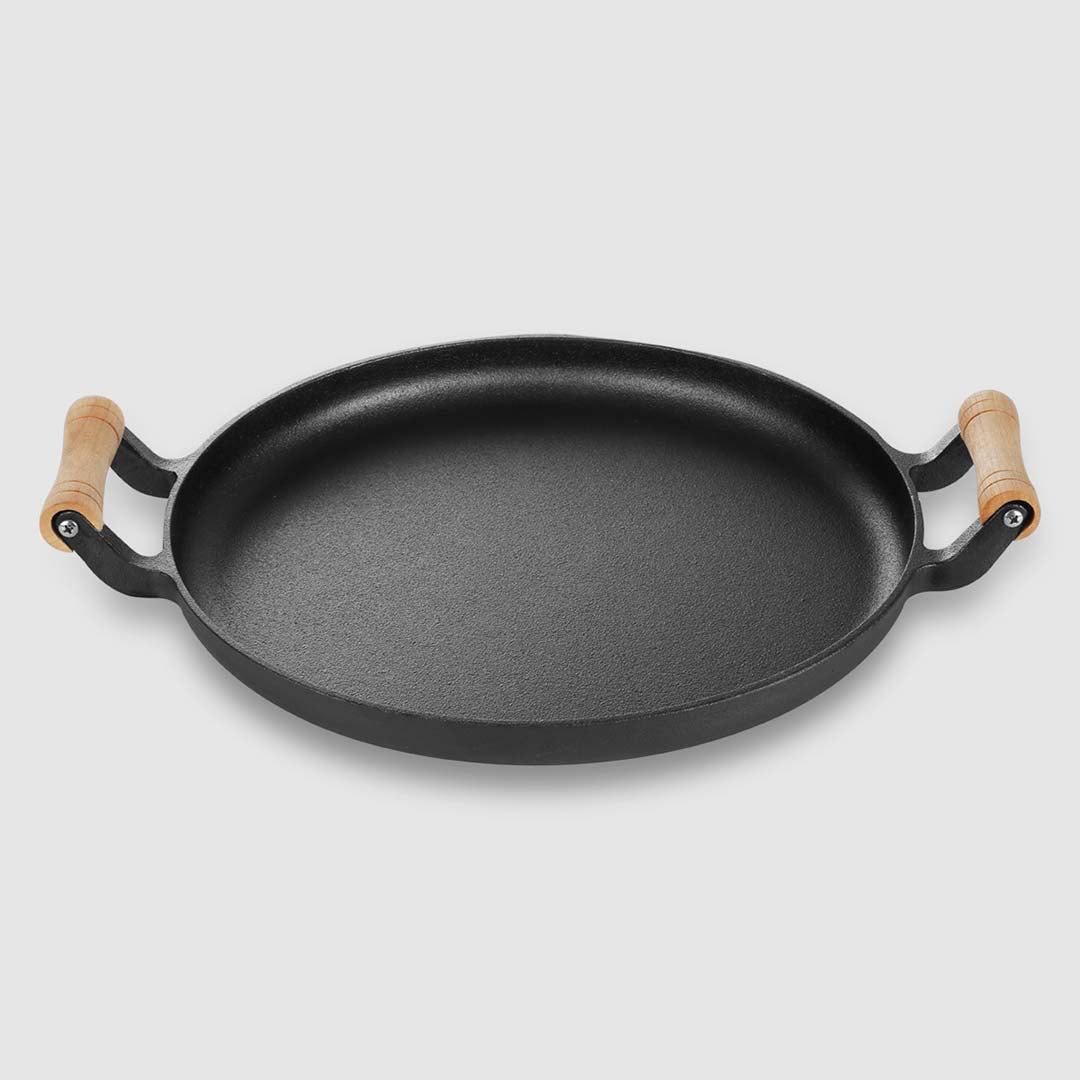 Soga 2 X 31cm Cast Iron Frying Pan Skillet Steak Sizzle Fry Platter With Wooden Handle No Lid