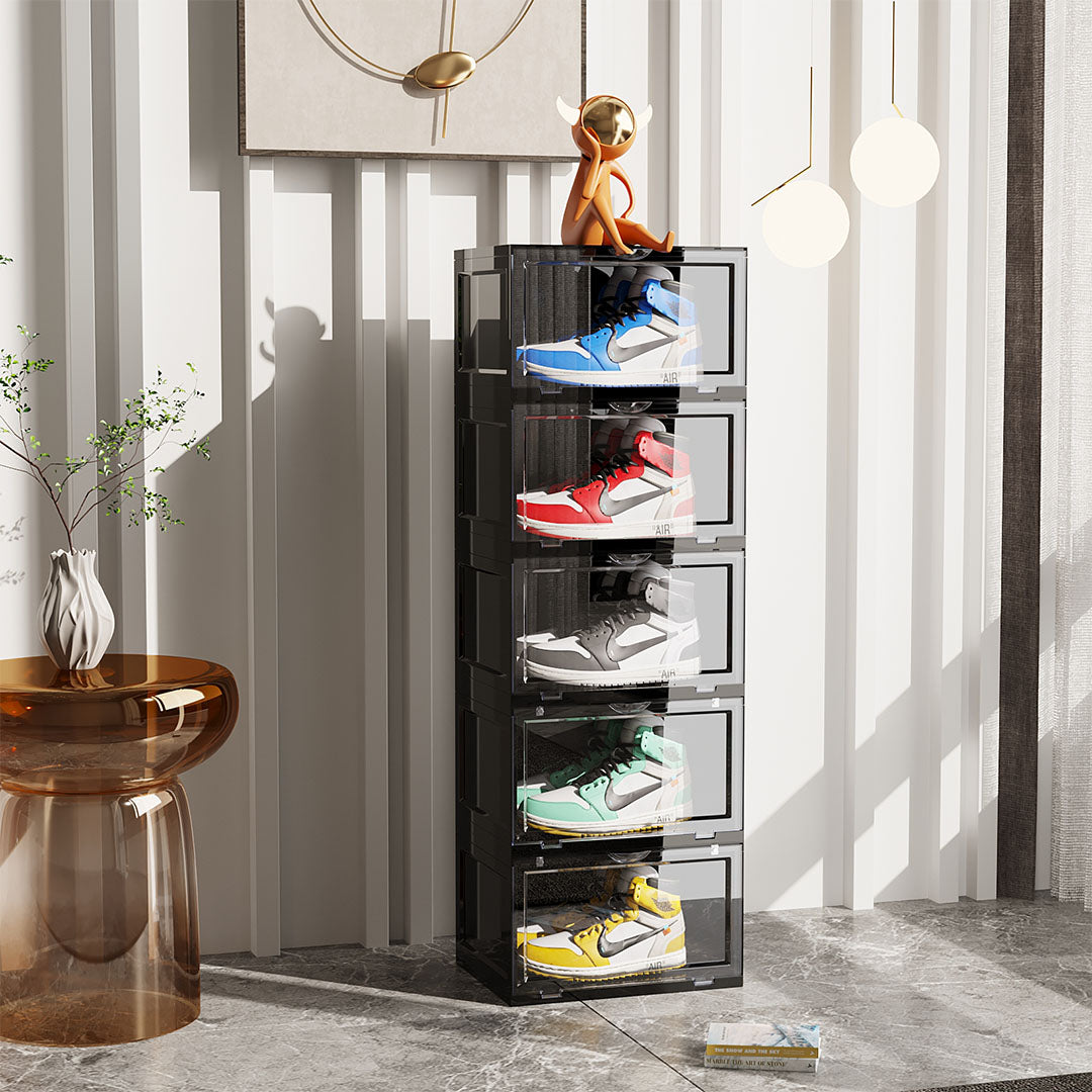 5 Tier Black Portable Shoe Organiser Sneaker Footwear Folding Plastic Bin Stackable Storage Box with Magnetic Door