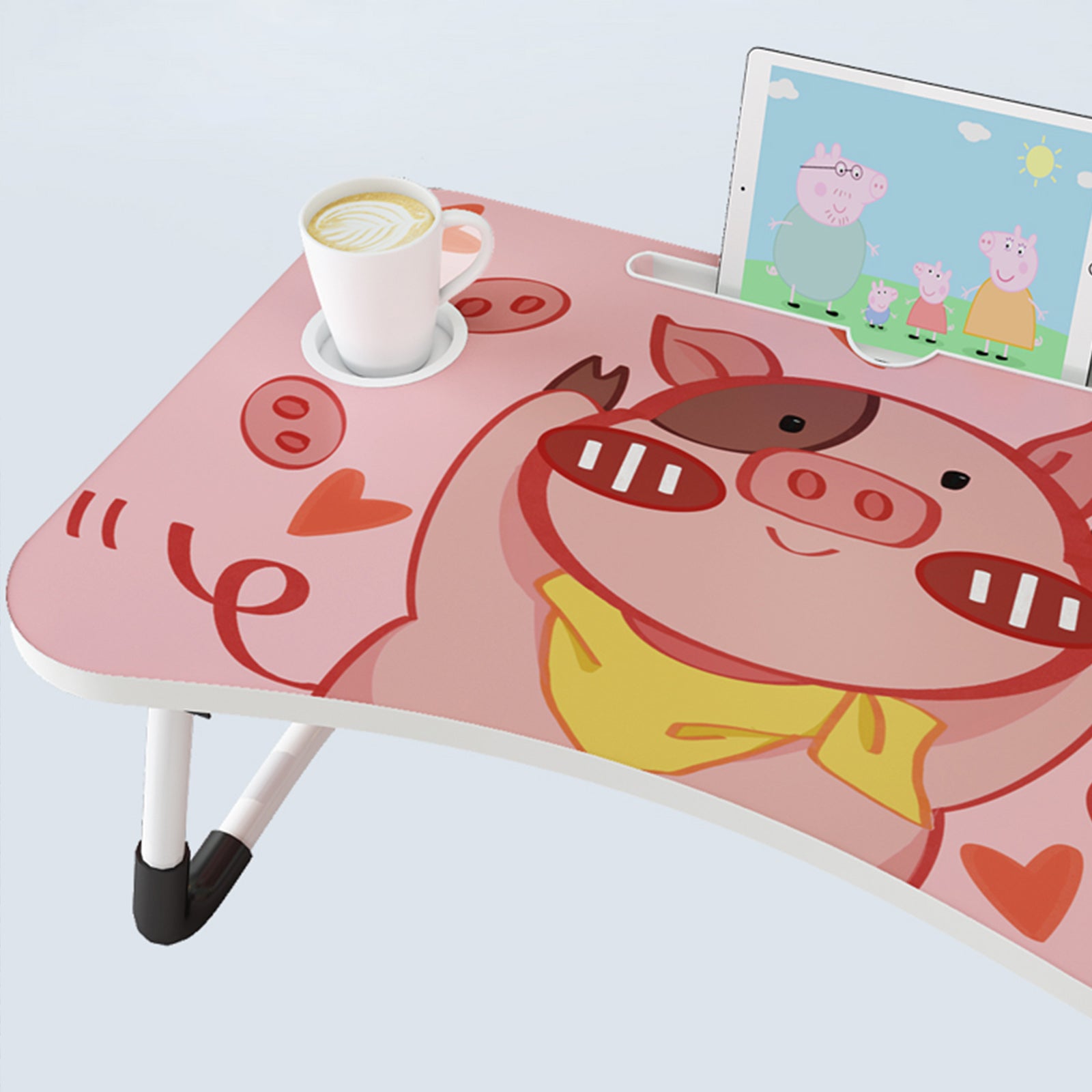 2X Cute Pig Design Portable Bed Table Adjustable Foldable Bed Sofa Study Table Laptop Mini Desk with Drawer and Cup Slot Home Decor