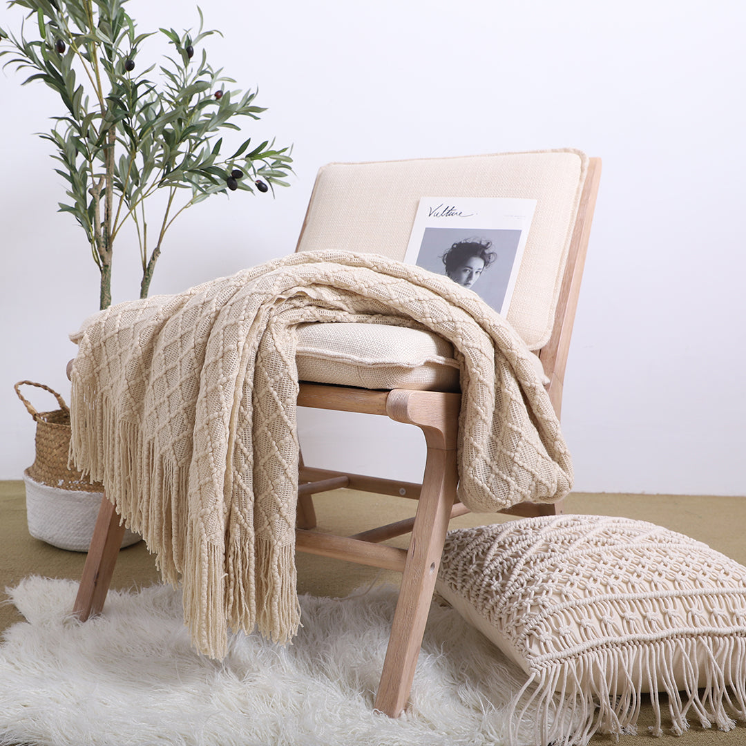 Beige Diamond Pattern Knitted Throw Blanket Warm Cozy Woven Cover Couch Bed Sofa Home Decor with Tassels