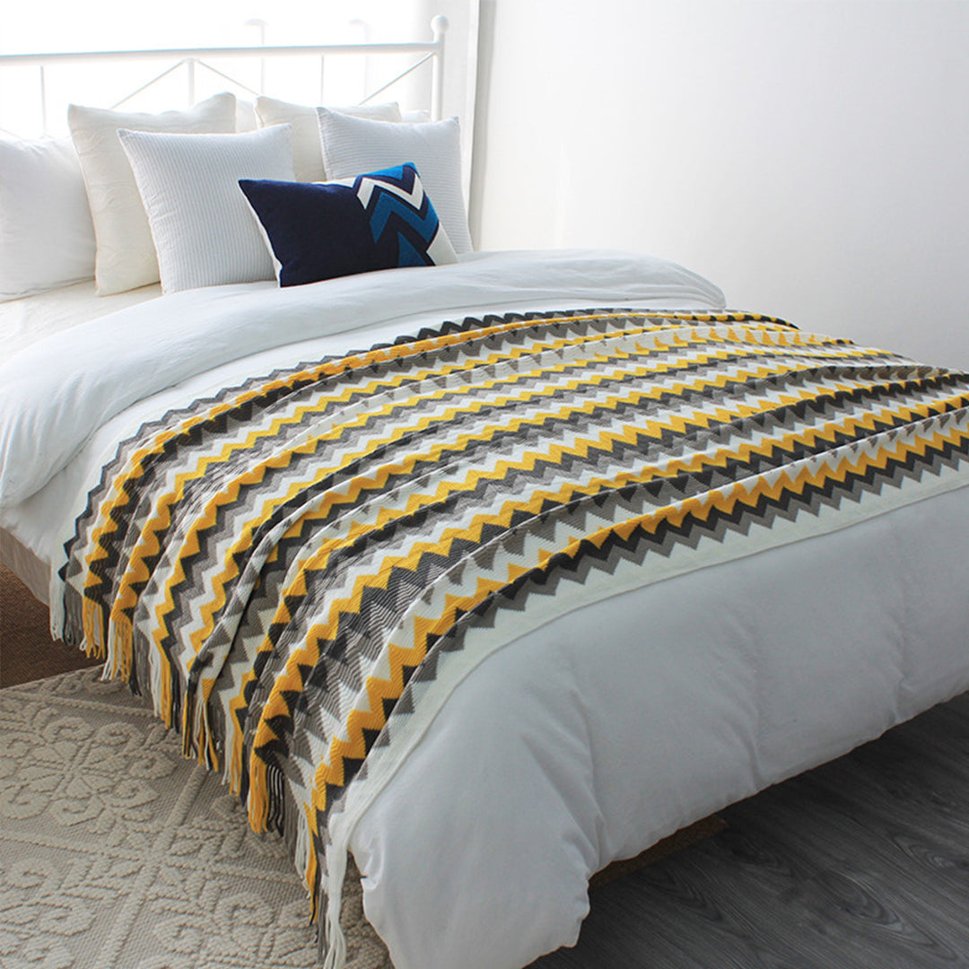 220cm Yellow Zigzag Striped Throw Blanket Acrylic Wave Knitted Fringed Woven Cover Couch Bed Sofa Home Decor