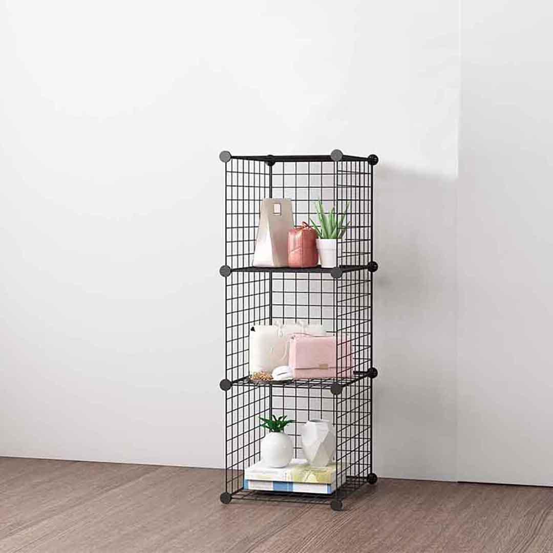 2X Black Portable 3 Tier Cube Storage Organiser Foldable DIY Modular Grid Space Saving Shelf