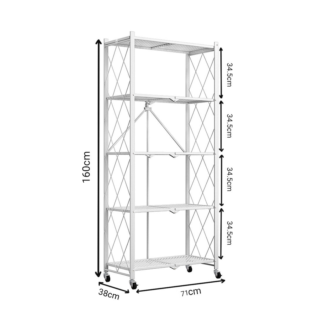 5 Tier Steel White Foldable Kitchen Cart Multi-Functional Shelves Portable Storage Organizer with Wheels