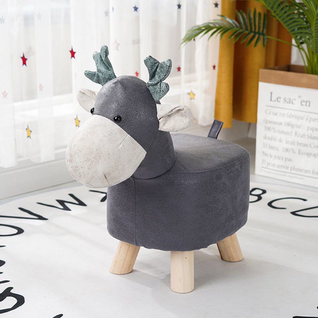 2X Grey Children Bench Deer Character Round Ottoman Stool Soft Small Comfy Seat Home Decor
