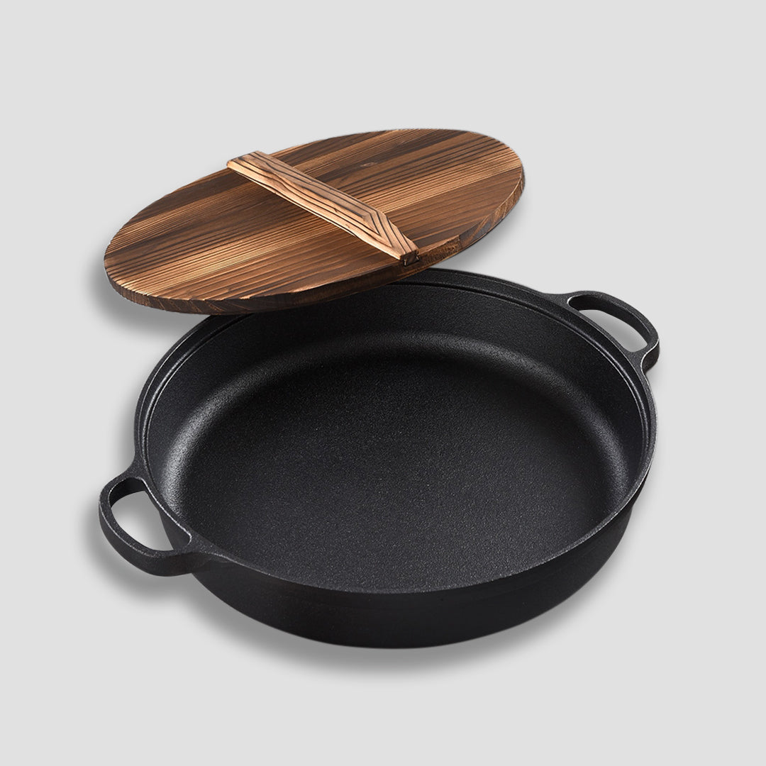 Soga 2 X 31cm Round Cast Iron Pre Seasoned Deep Baking Pizza Frying Pan Skillet With Wooden Lid