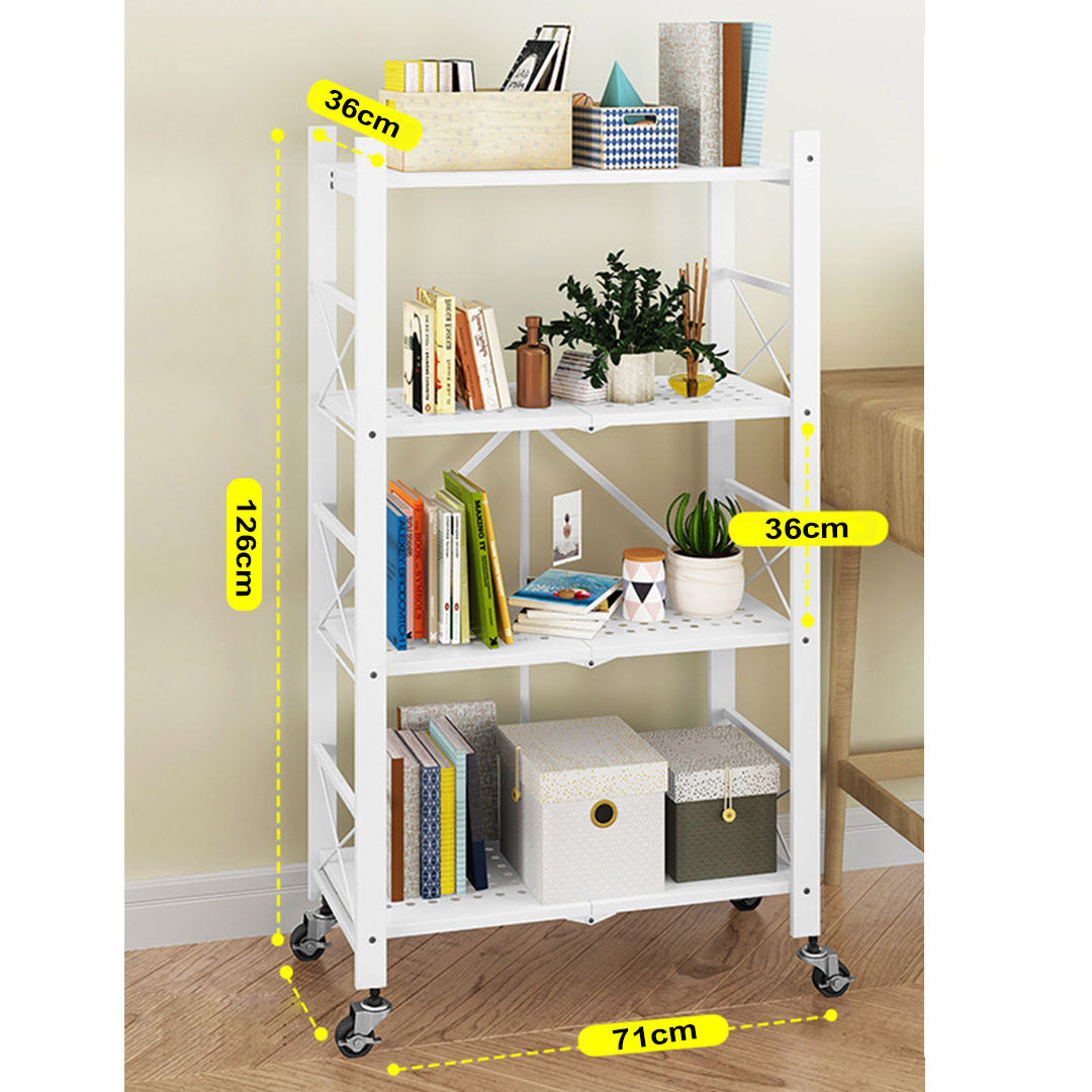 Soga 2 X 4 Tier Steel White Foldable Display Stand Multi Functional Shelves Portable Storage Organizer With Wheels