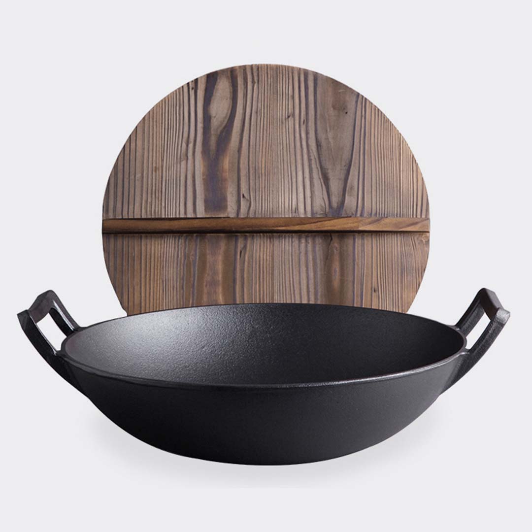 Soga 36 Cm Commercial Cast Iron Wok Fry Pan With Wooden Lid Fry Pan