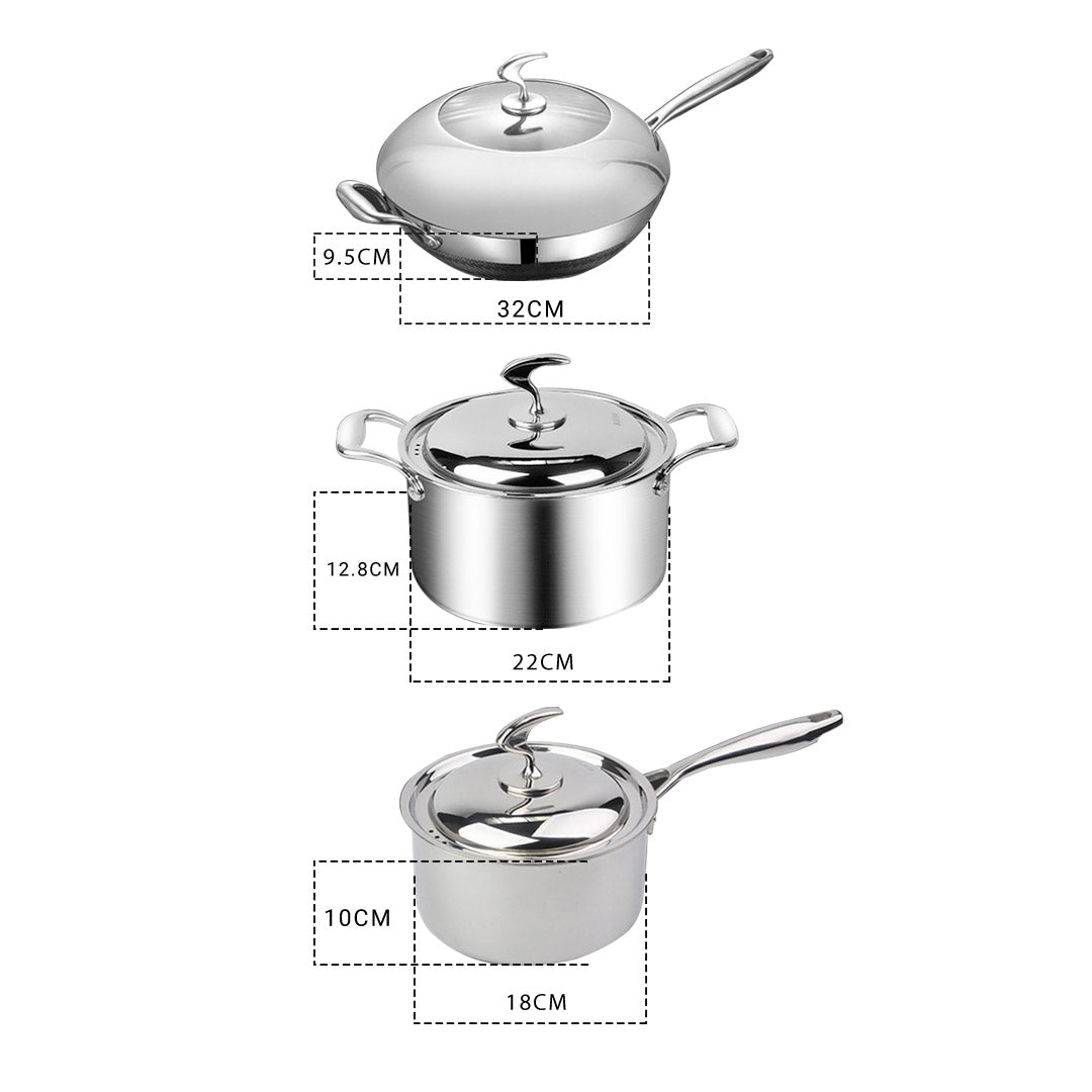 Soga 6 Piece Cookware Set 18/10 Stainless Steel 3 Ply Frying Pan, Milk, And Soup Pot With Lid