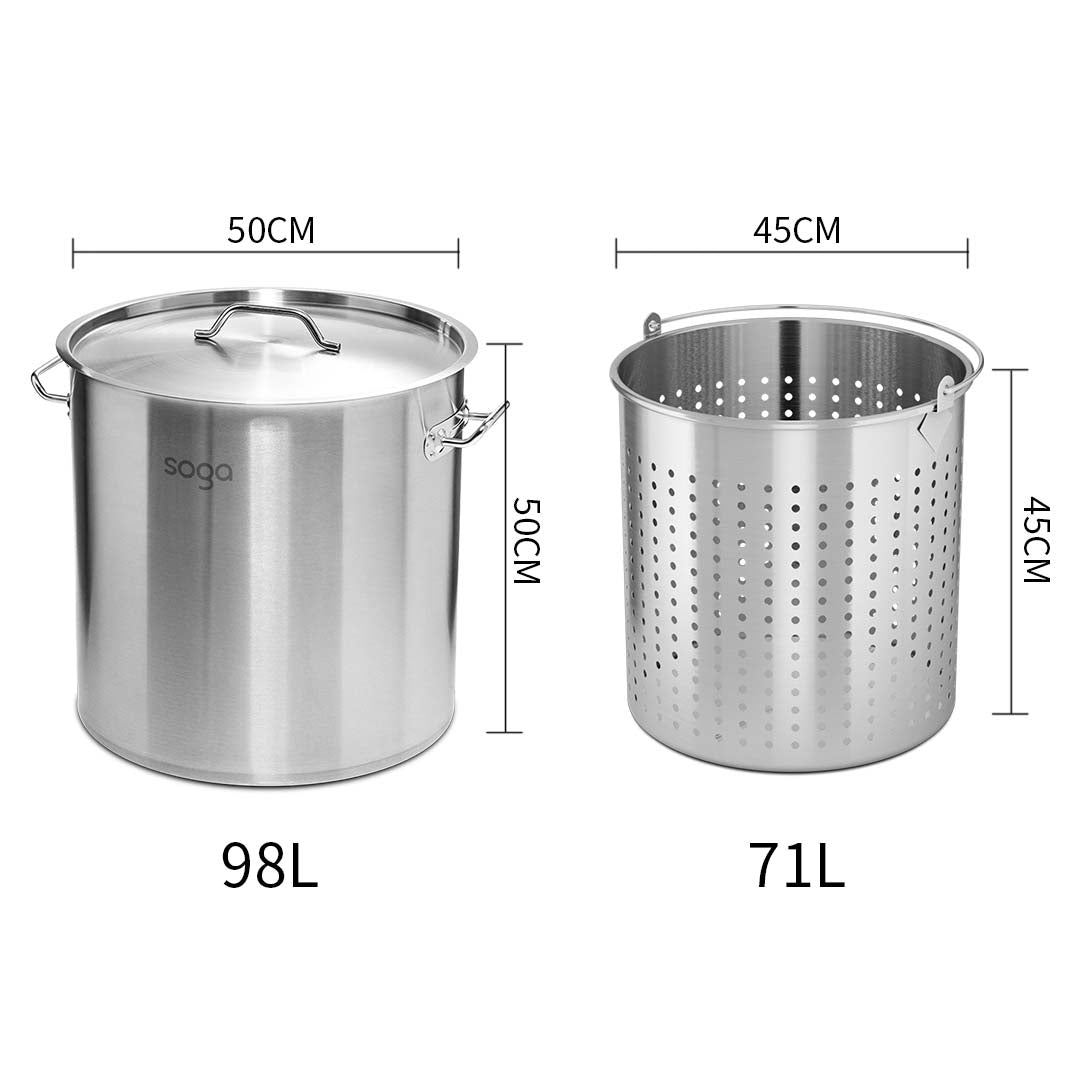 98L 18/10 Stainless Steel Stockpot with Perforated Stock pot Basket Pasta Strainer