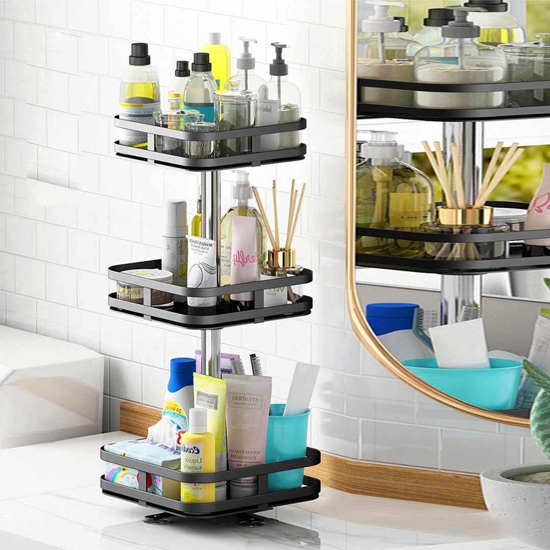 3 Tier Steel Black Square Rotating Multi-Function Kitchen Portable Storage Spice Seasoning Kitchen Countertop Organiser Shelf