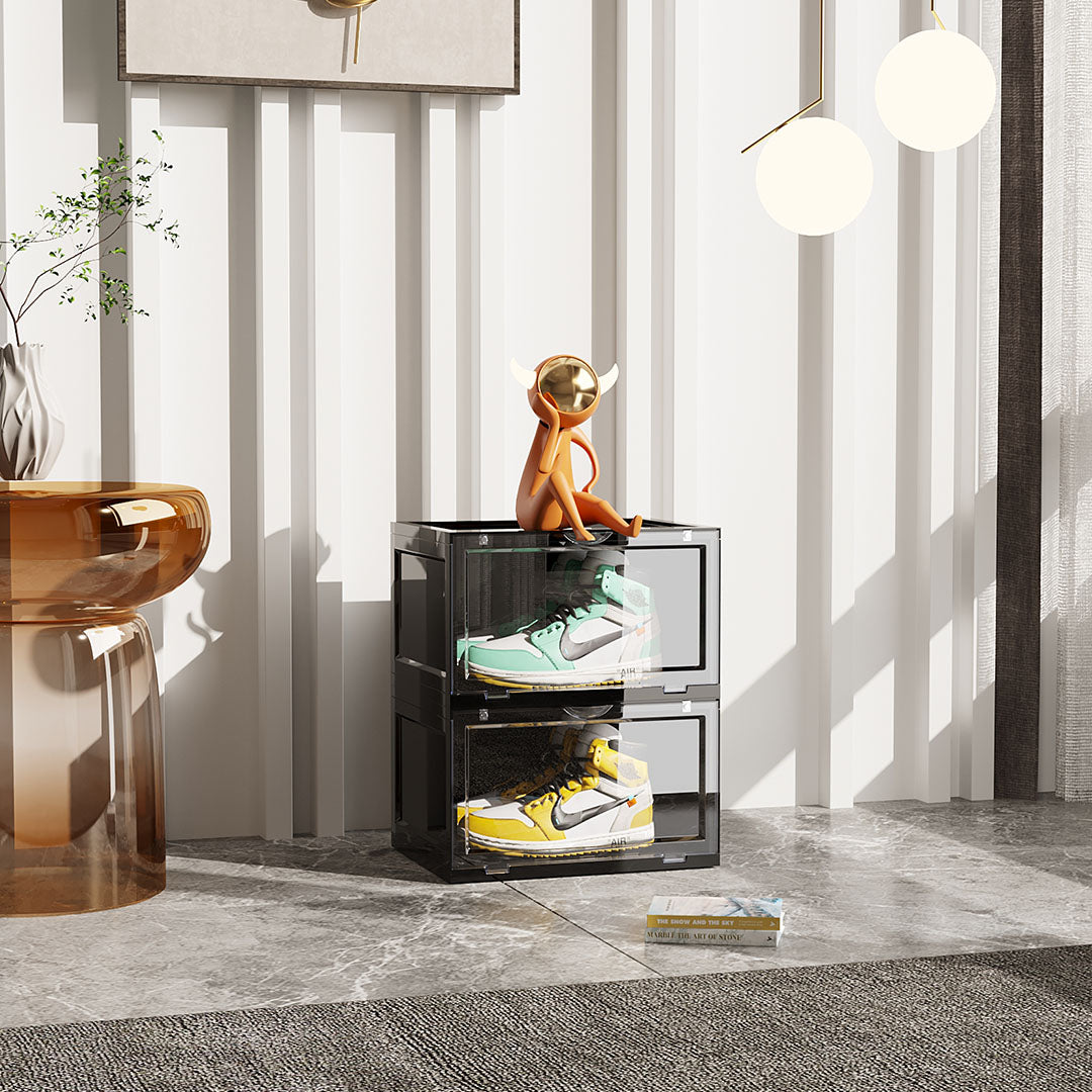 2X 2 Tier Black Portable Shoe Organiser Sneaker Footwear Folding Plastic Bin Stackable Storage Box with Magnetic Door