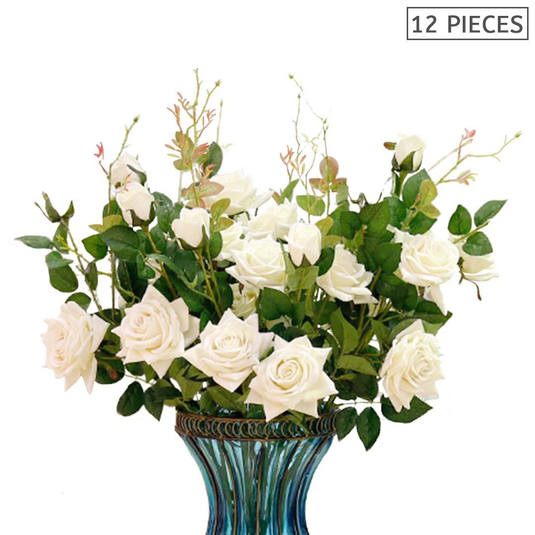 Soga 12pcs Artificial Silk Flower Fake Rose Bouquet Table Decor White