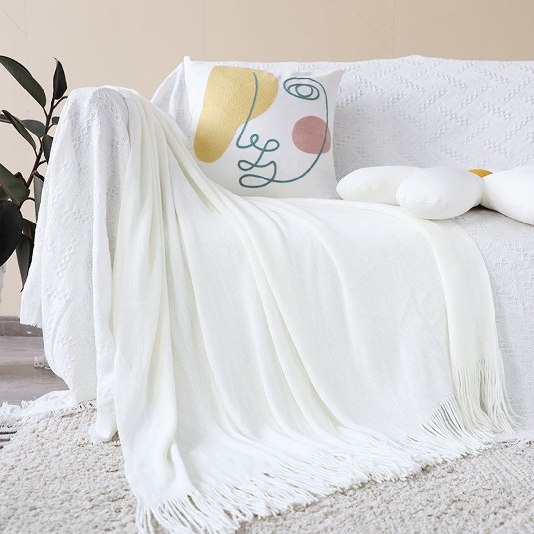 White Acrylic Knitted Throw Blanket Solid Fringed Warm Cozy Woven Cover Couch Bed Sofa Home Decor