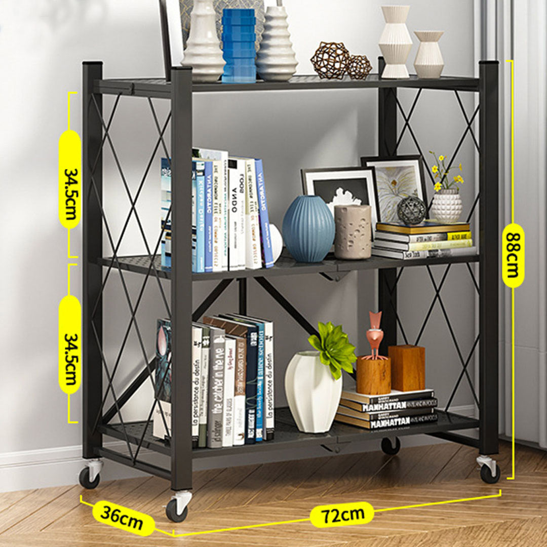 Soga 3 Tier Steel Black Foldable Kitchen Cart Multi Functional Shelves Portable Storage Organizer With Wheels