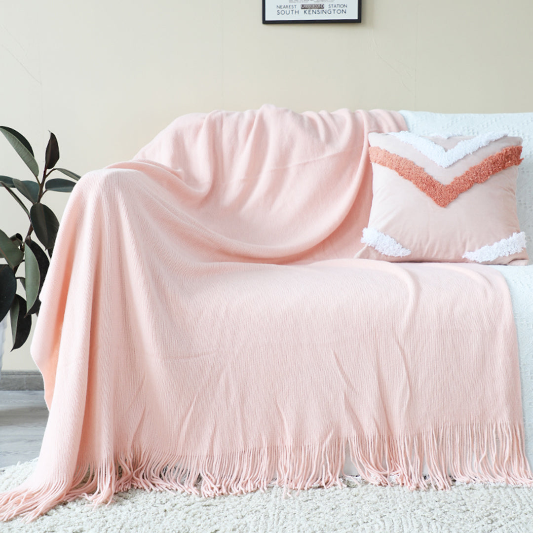 Pink Acrylic Knitted Throw Blanket Solid Fringed Warm Cozy Woven Cover Couch Bed Sofa Home Decor