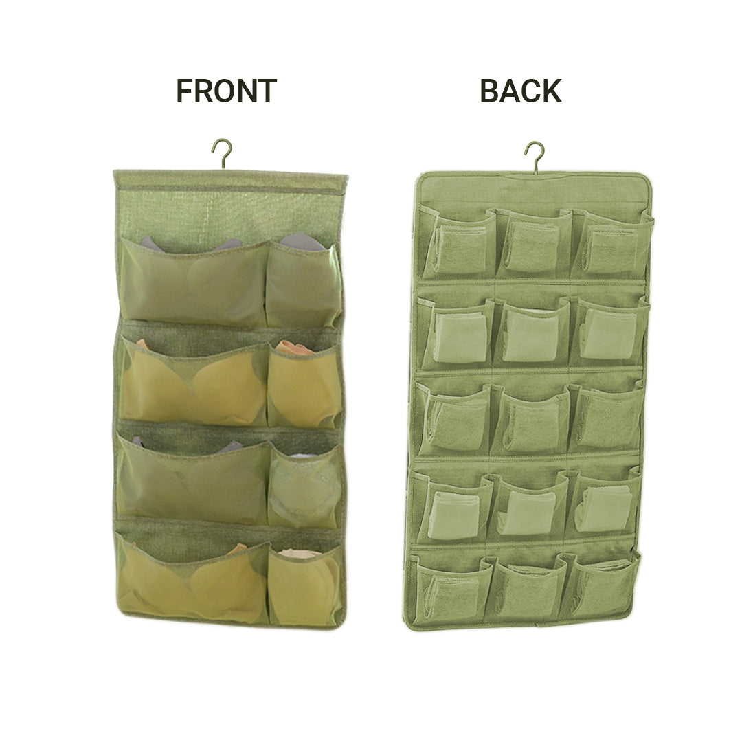 2X Green Double Sided Hanging Storage Bag Underwear Bra Socks Mesh Pocket Hanger Home Organiser
