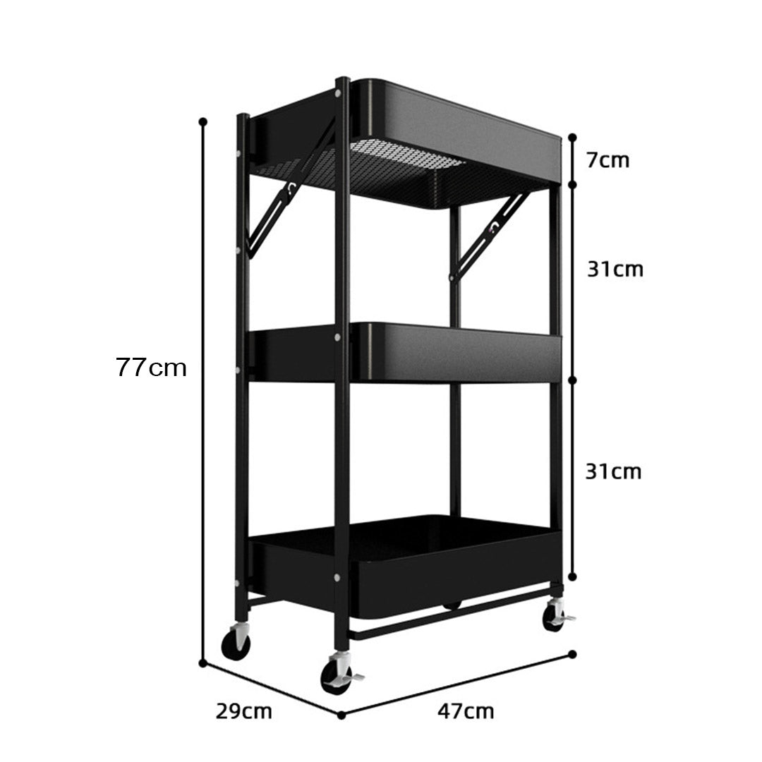 Soga 3 Tier Steel Black Foldable Kitchen Cart Multi Functional Shelves Portable Storage Organizer With Wheels