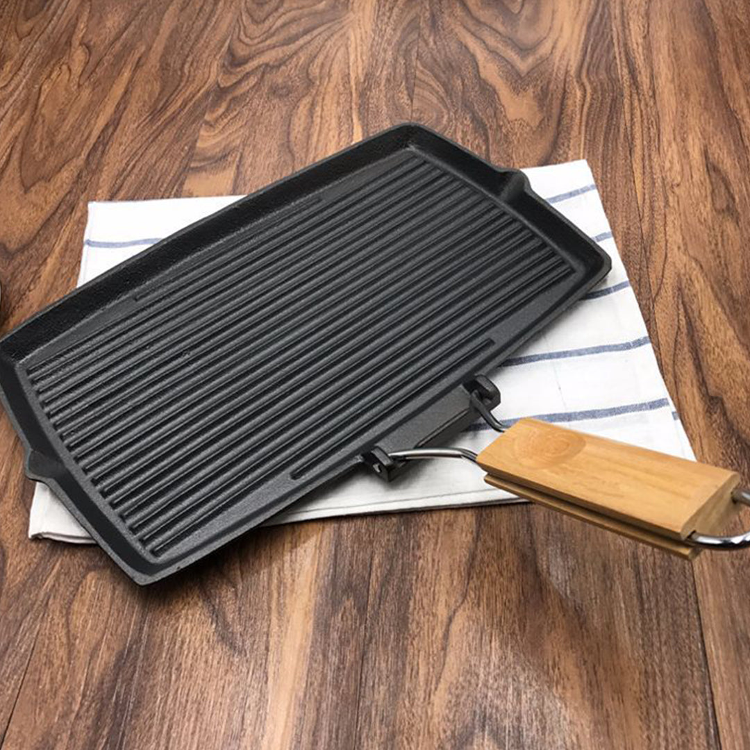 20.5cm Rectangular Cast Iron Griddle Grill Frying Pan with Folding Wooden Handle