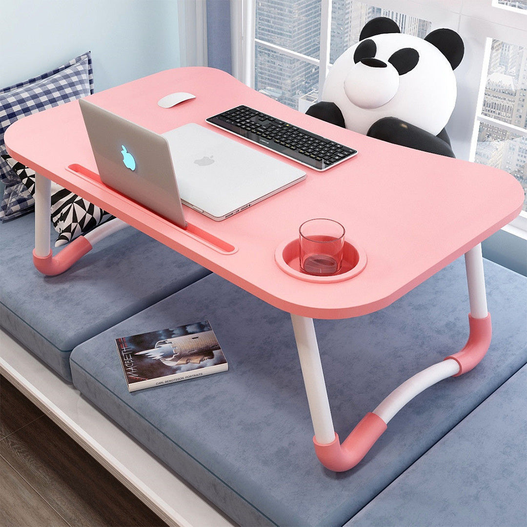 Pink Portable Bed Table Adjustable Folding Mini Desk Notebook Stand Card Slot Holder with Cup-Holder Home Decor