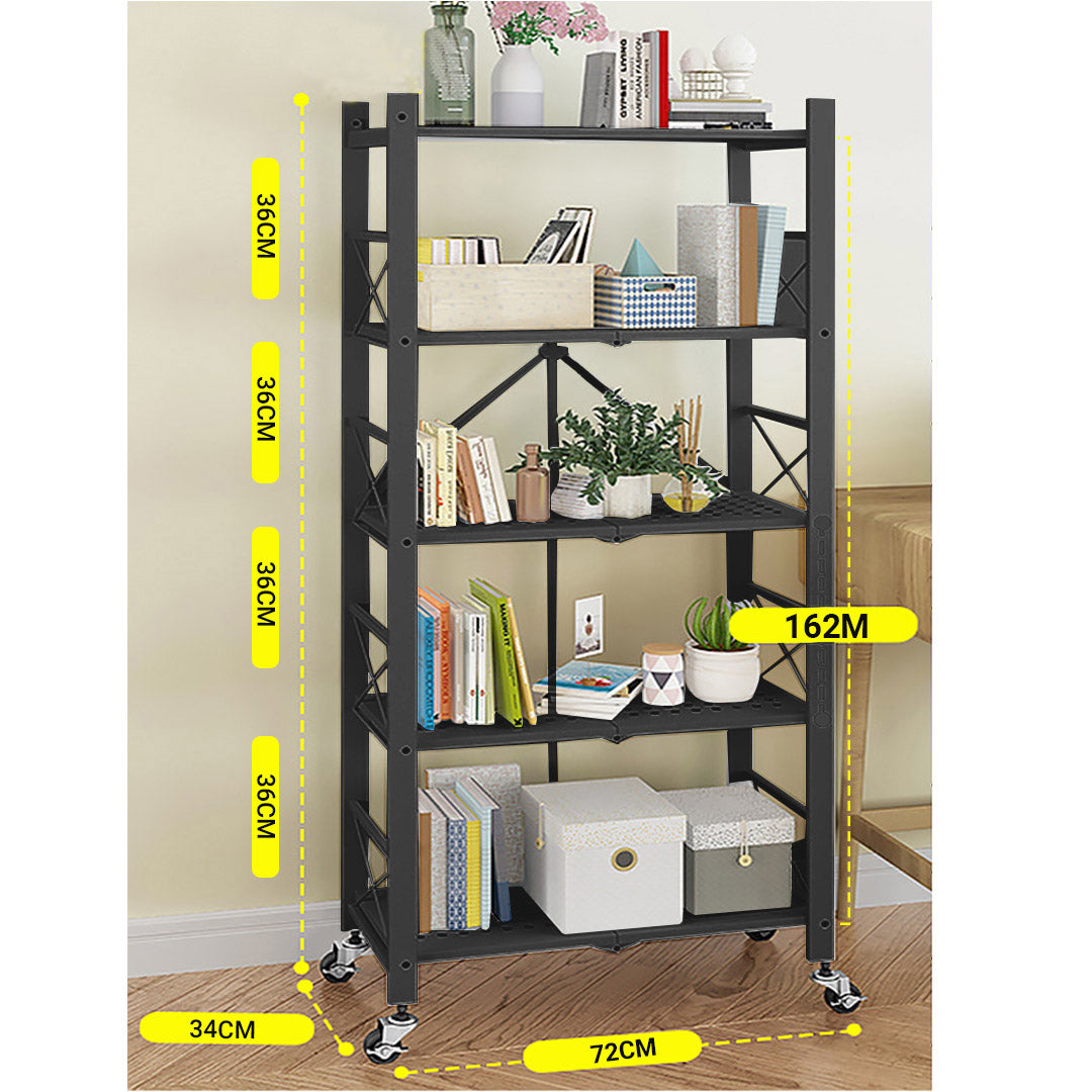 Soga 5 Tier Steel Black Foldable Display Stand Multi Functional Shelves Portable Storage Organizer With Wheels
