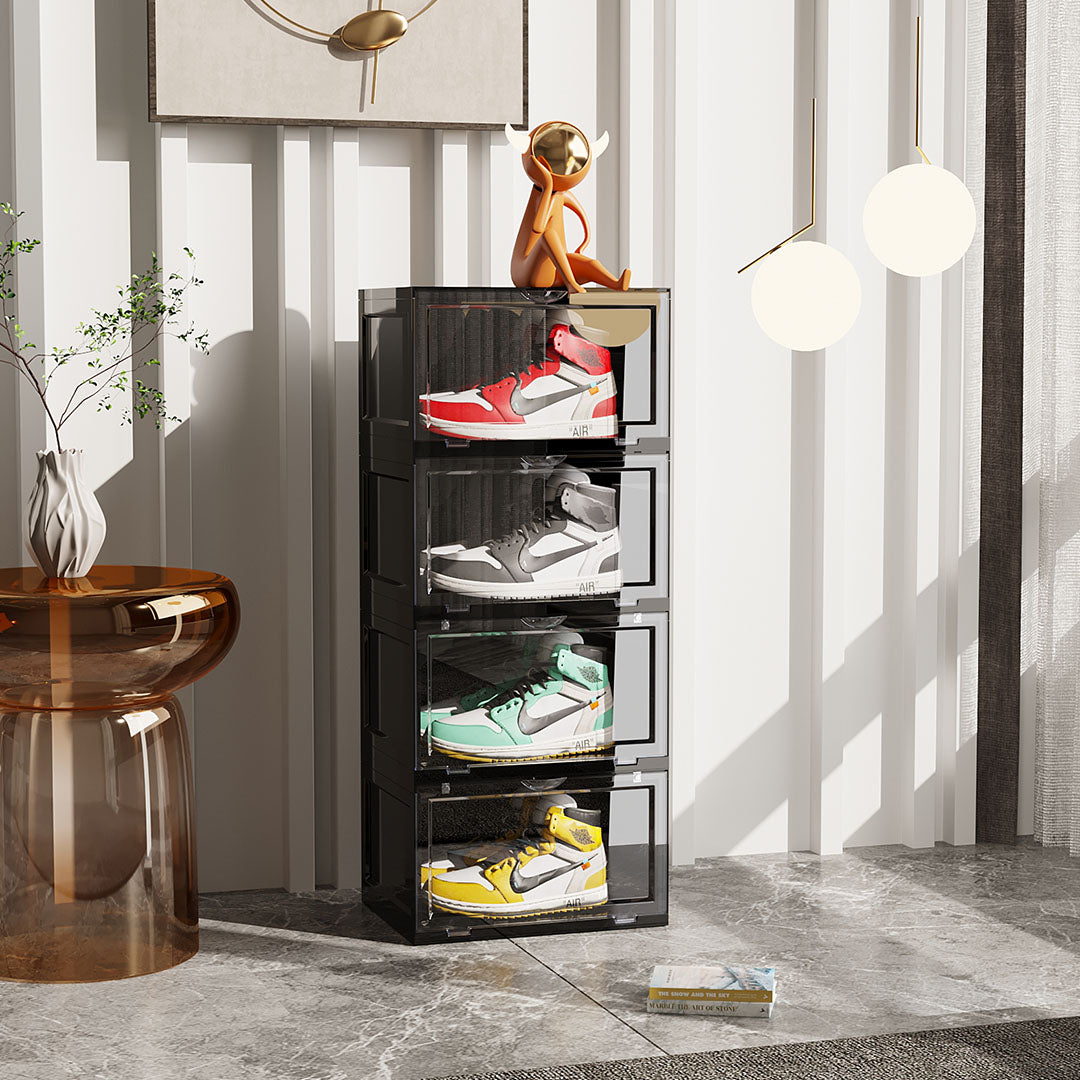 2X 4 Tier Black Portable Shoe Organiser Sneaker Footwear Folding Plastic Bin Stackable Storage Box with Magnetic Door