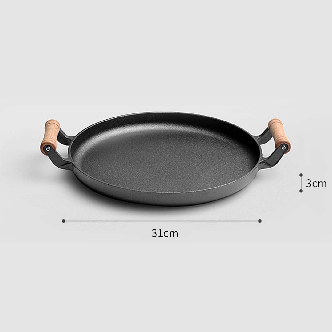 Soga 31cm Cast Iron Frying Pan Skillet Steak Sizzle Fry Platter With Wooden Handle No Lid