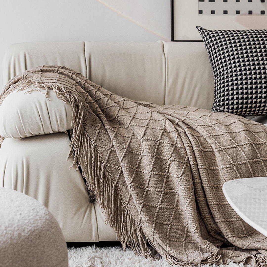 2X Coffee Diamond Pattern Knitted Throw Blanket Warm Cozy Woven Cover Couch Bed Sofa Home Decor with Tassels