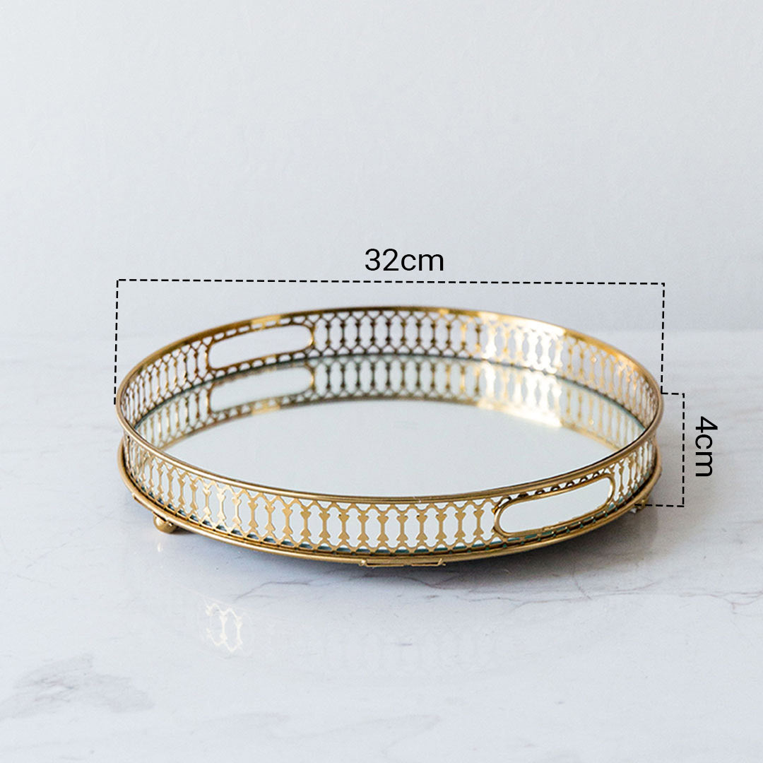 Soga 32cm Gold Round Ornate Mirror Glass Metal Tray Vanity Makeup Perfume Jewelry Organiser With Handles