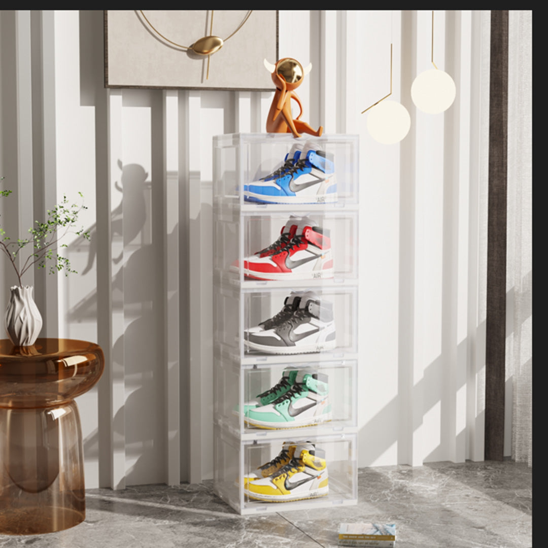 5 Tier Transparent Portable Shoe Organiser Sneaker Footwear Folding Plastic Bin Stackable Storage Box with Magnetic Door