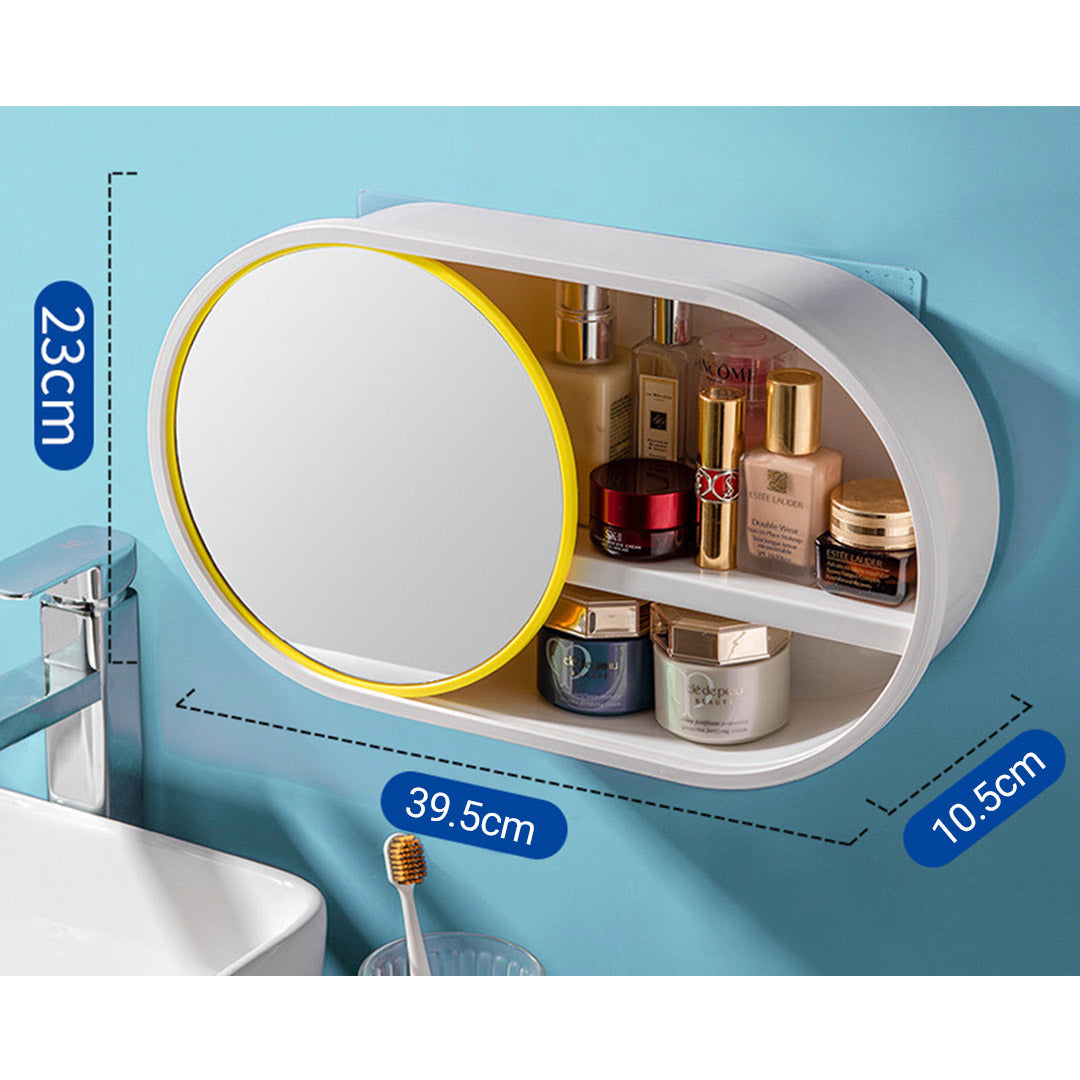 2X 39cm Oval Wall-Mounted Mirror Storage Box Vanity Mirror Rack Bathroom Adhesive Shelf Home Organiser Decor