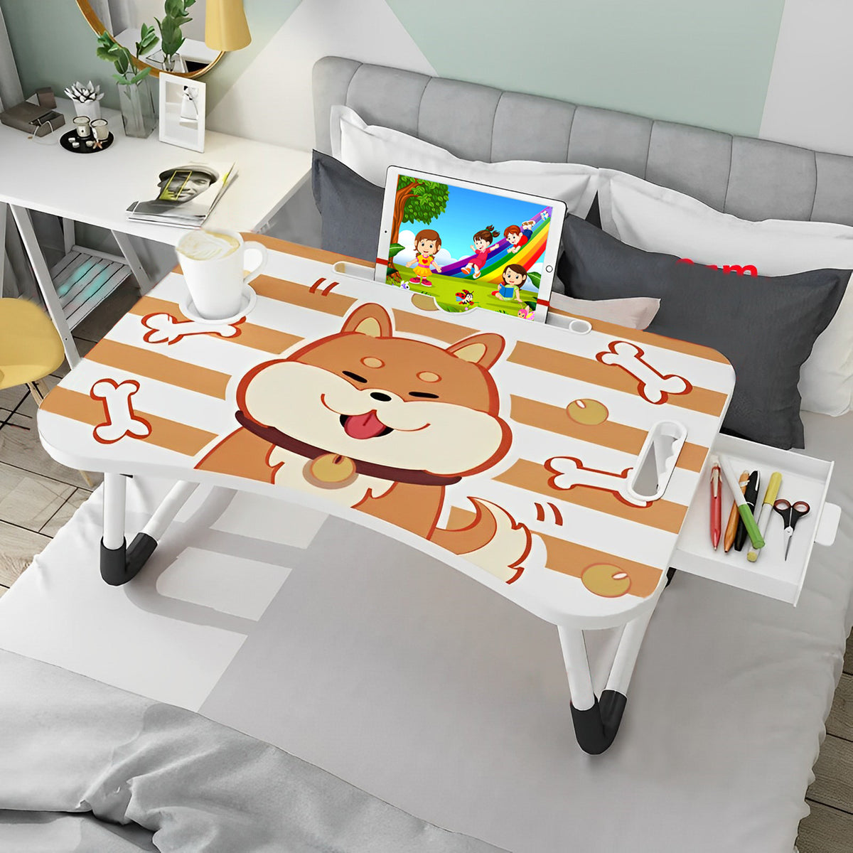 2X Cute Dog Design Portable Bed Table Adjustable Foldable Bed Sofa Study Table Laptop Mini Desk with Drawer and Cup Slot Home Decor