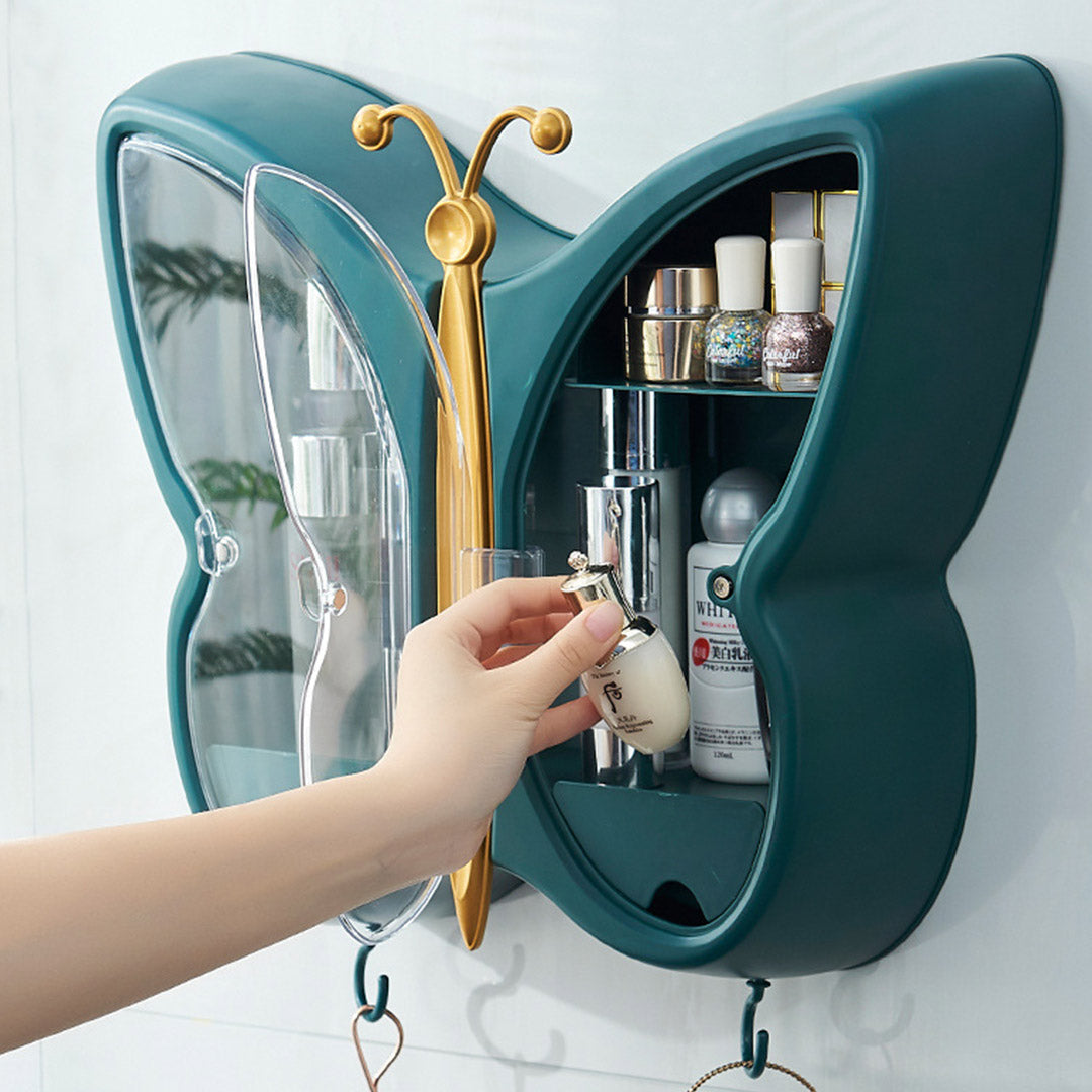 2X Green Butterfly Shape Wall-Mounted Makeup Organiser Dustproof Waterproof Bathroom Storage Box Home Decor