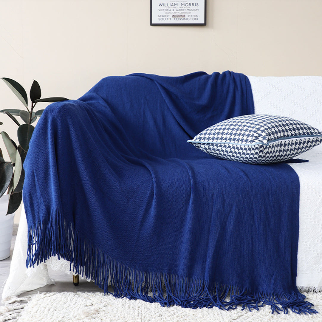 2X Royal Blue Acrylic Knitted Throw Blanket Solid Fringed Warm Cozy Woven Cover Couch Bed Sofa Home Decor