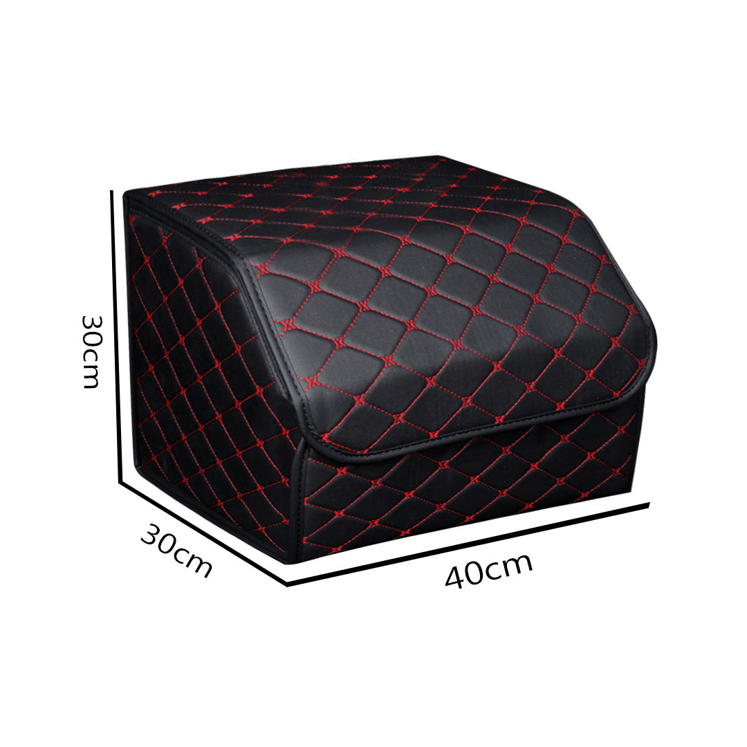 Soga 4 X Leather Car Boot Collapsible Foldable Trunk Cargo Organizer Portable Storage Box Black/Red Stitch Medium