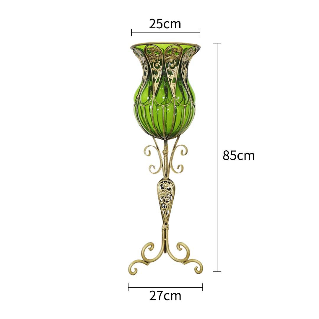 Soga 85cm Green Glass Floor Vase With Tall Metal Flower Stand