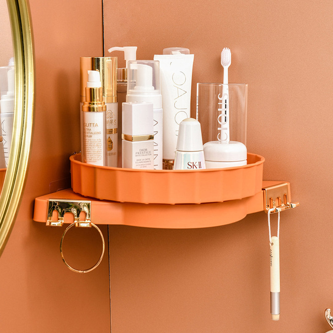 2X Orange 360 Degree Wall-Mounted Rotating Bathroom Organiser Corner Vanity Rack Toilet Adhesive Storage Shelf