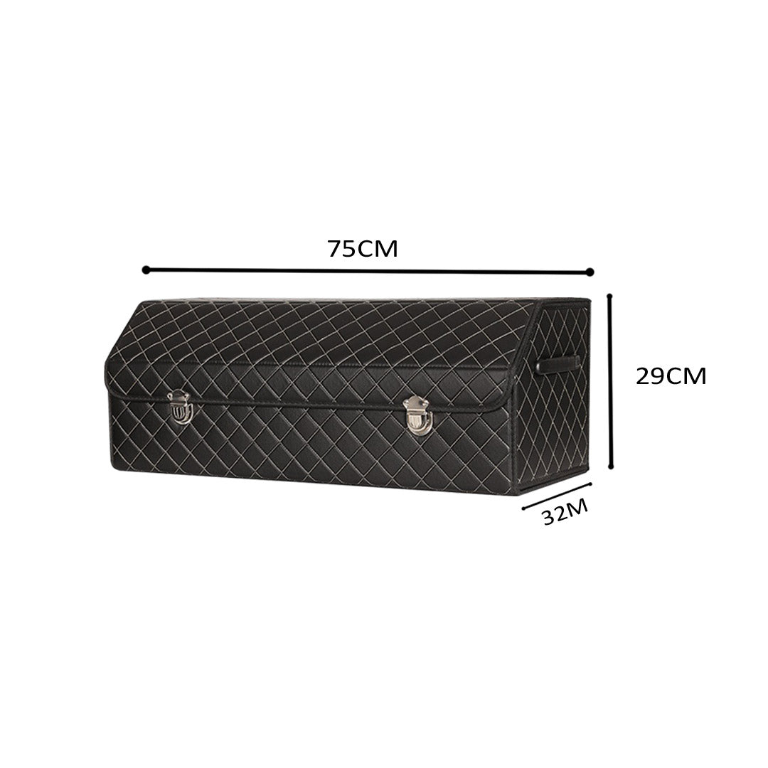 Soga Leather Car Boot Collapsible Foldable Trunk Cargo Organizer Portable Storage Box Black/White Stitch With Lock Large