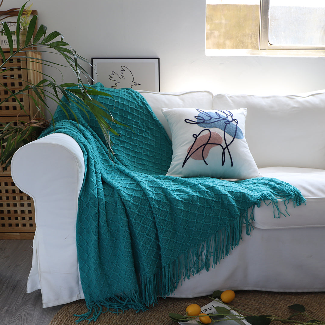 2X Teal Diamond Pattern Knitted Throw Blanket Warm Cozy Woven Cover Couch Bed Sofa Home Decor with Tassels