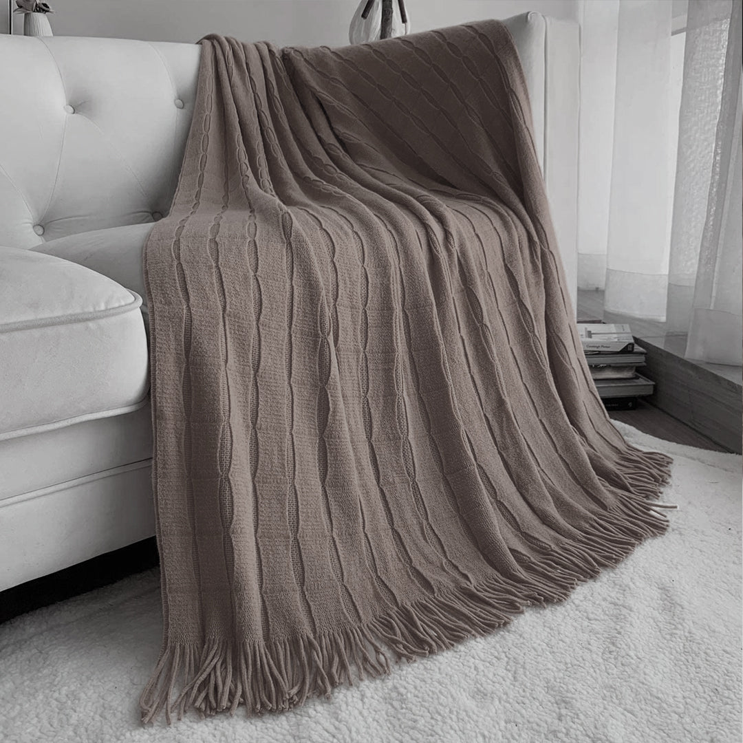 Coffee Textured Knitted Throw Blanket Warm Cozy Woven Cover Couch Bed Sofa Home Decor with Tassels