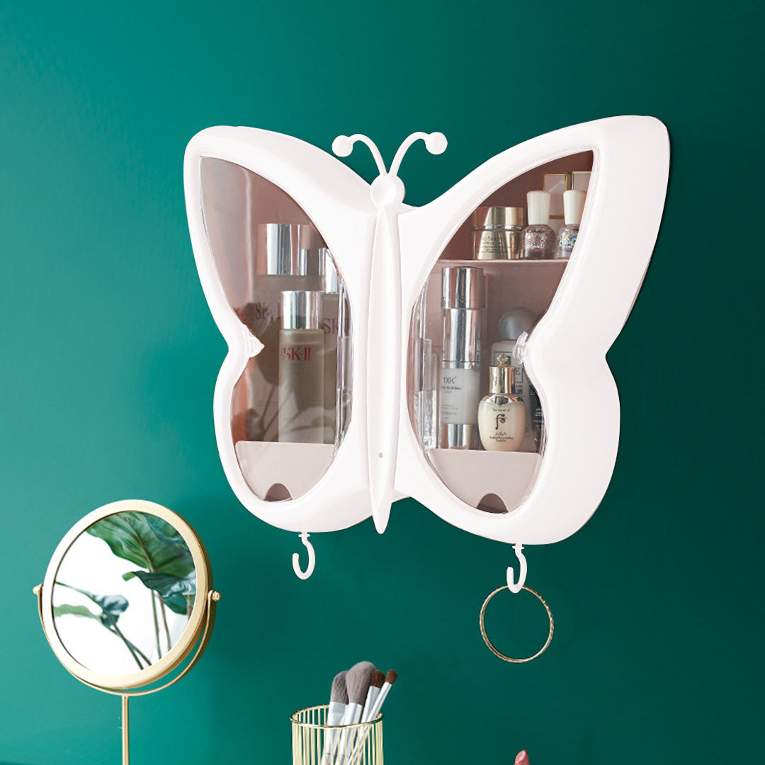2X White Butterfly Shape Wall-Mounted Makeup Organiser Dustproof Waterproof Bathroom Storage Box Home Decor