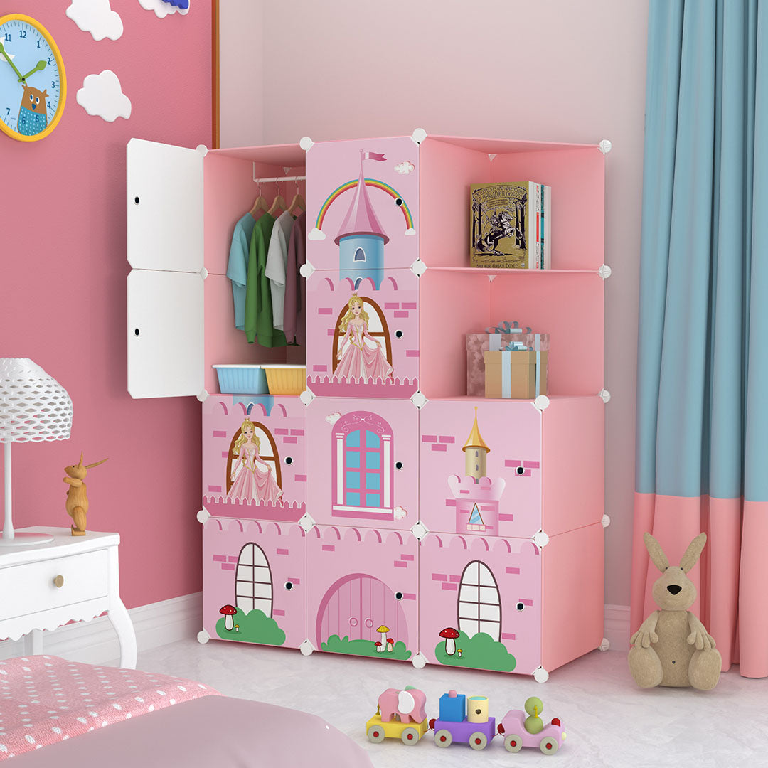 10 Cubes Pink Castle Print Portable Wardrobe Divide-Grid Modular Storage Organiser Foldable Closet