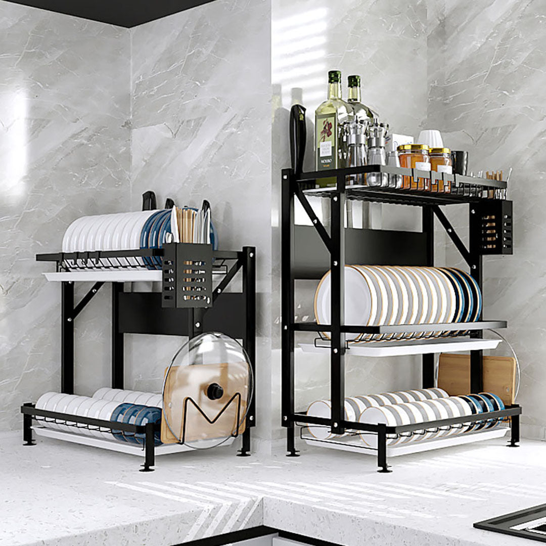 2X 2 Tier Steel Black Kitchen Countertop Drying Dish Rack Plate Cutlery Cutting Board Holder Dish Drainer Kitchen Organiser