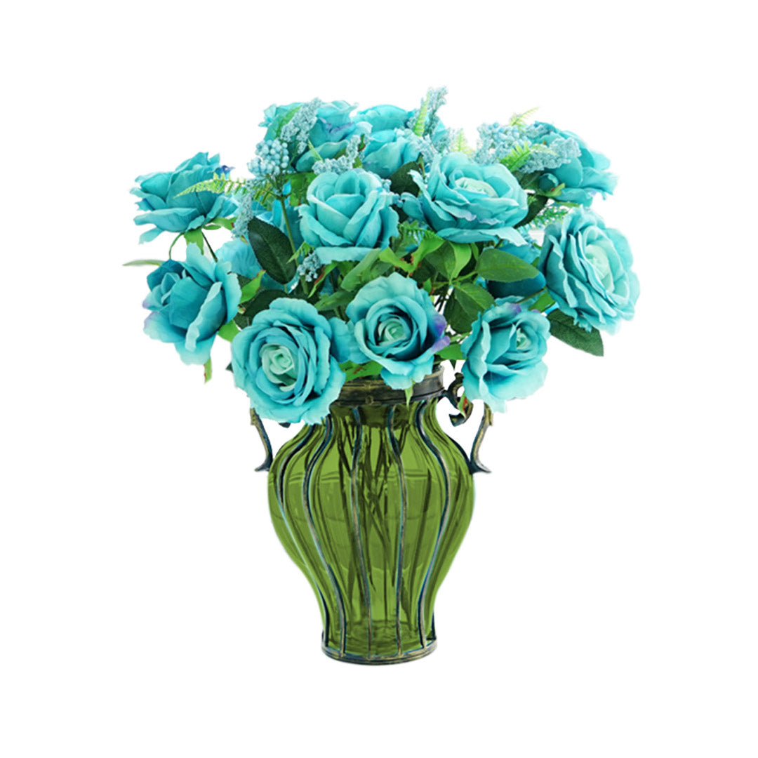 Soga Green Colored European Glass Home Decor Flower Vase With Two Metal Handle