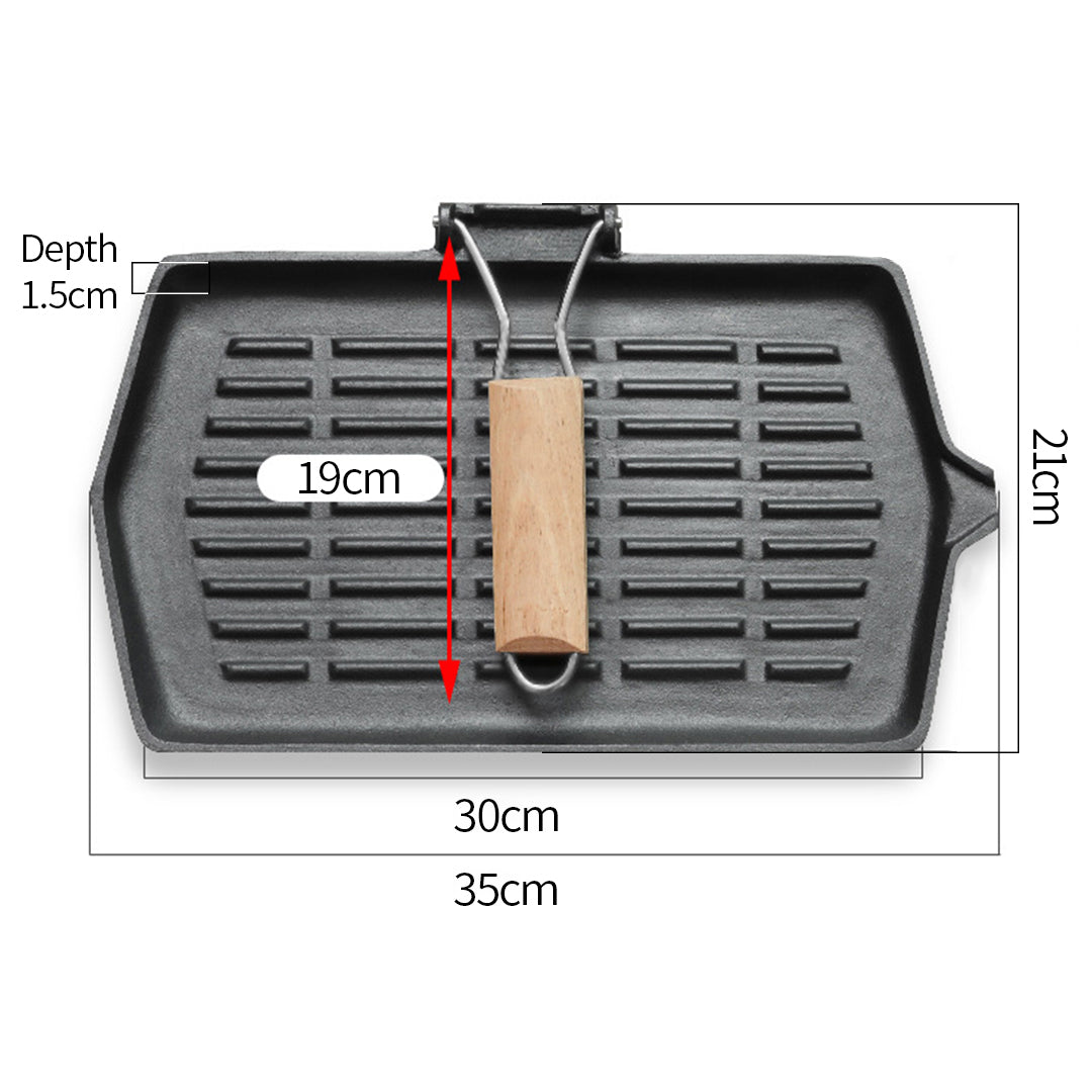 Soga Rectangular Cast Iron Griddle Grill Frying Pan With Folding Wooden Handle