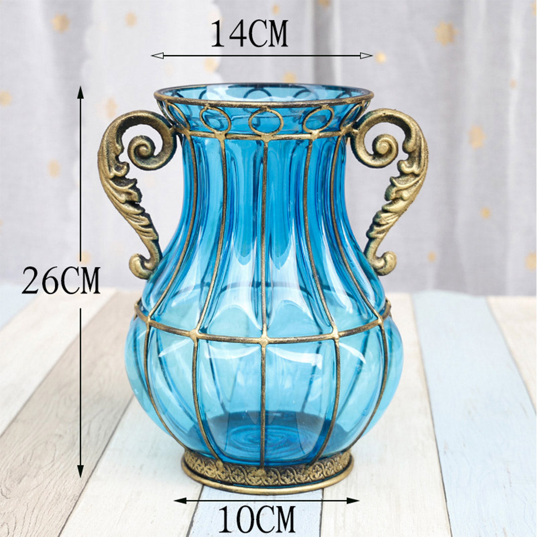 Blue Colored Glass Flower Vase with 10 Bunch 6 Heads Artificial Fake Silk Lilium nanum Home Decor Set